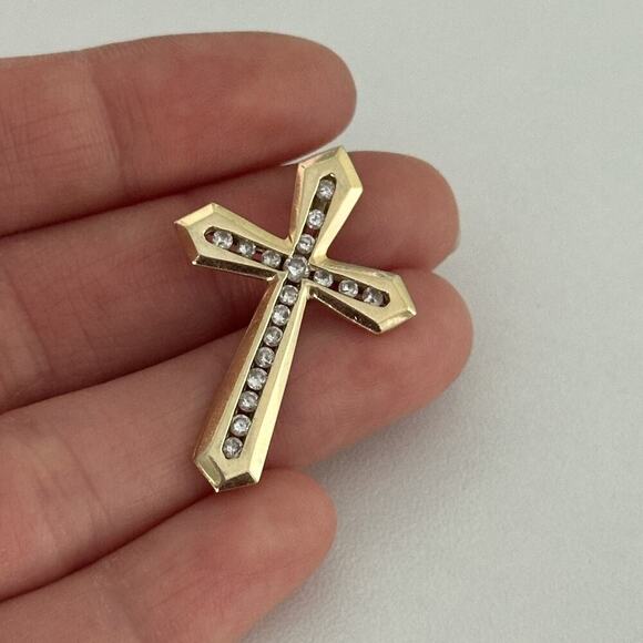 10K Yellow Gold Diamond Cross Religious Pendant - Picture 12 of 13